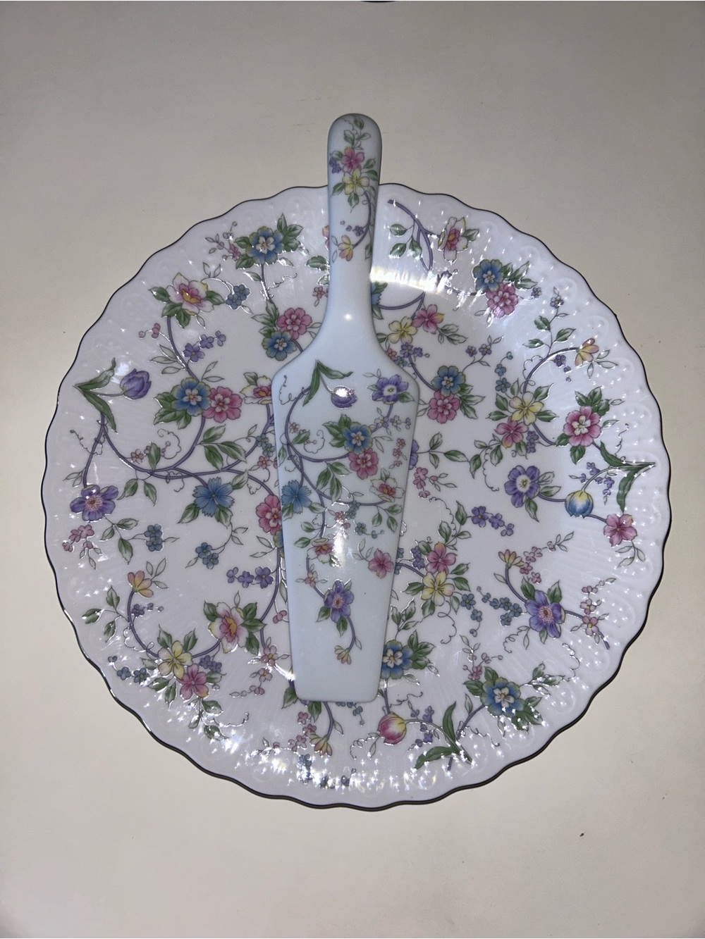 Andreaa by Sadek CORONA Fine Porcelain China Floral Cake Plate w/Server Gold Tri